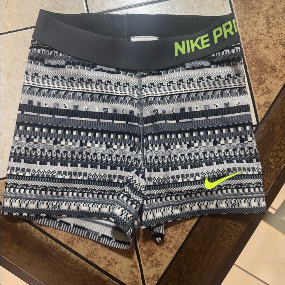 Nike Pro Women's Black & Gray Patterned Bike Shorts with Neon Green Swoosh